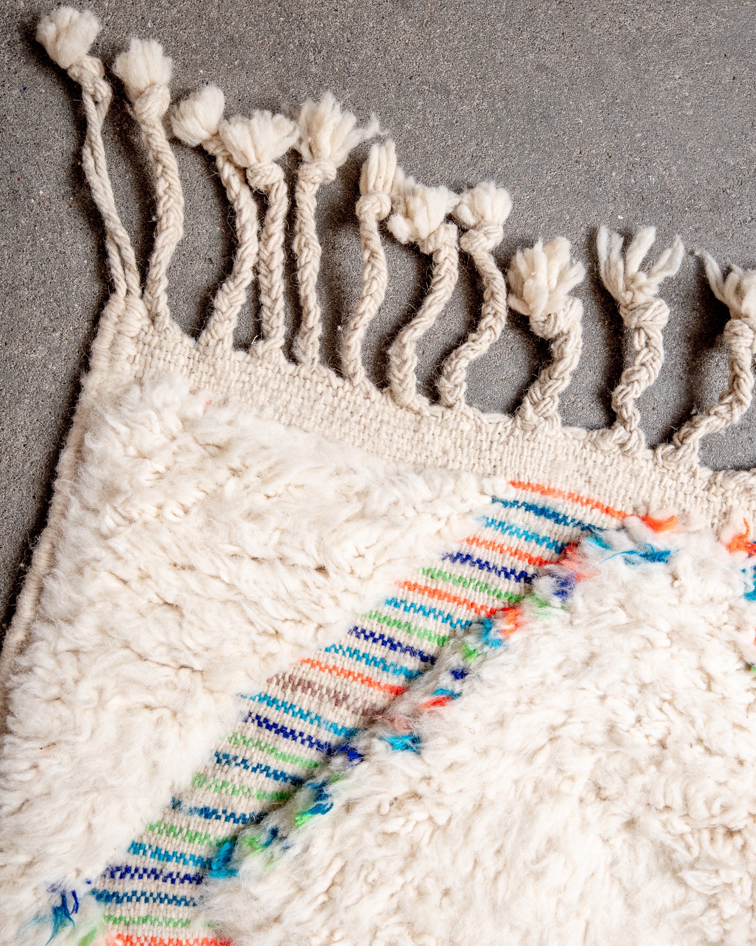 Modern, designer, handcrafted Berber rug from Morocco. Beniourain carpet with beautiful colours and patterns and fluffy wool texture.